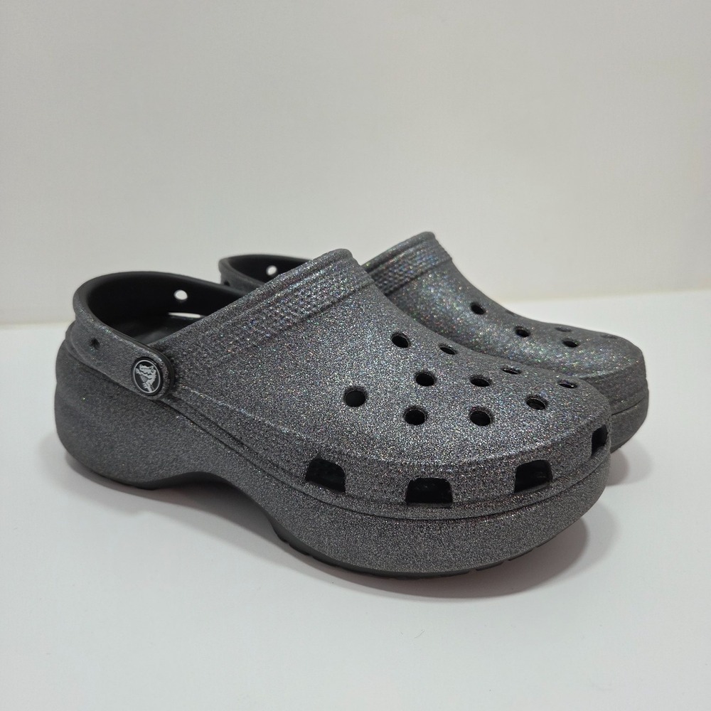 Crocs Womens Classic Platform Sparkly Glitter Grey Synthetic Clogs Size 8